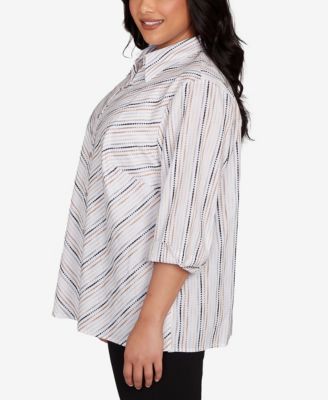 Plus Size Classic Mitered Textured Stripe Button Front Top