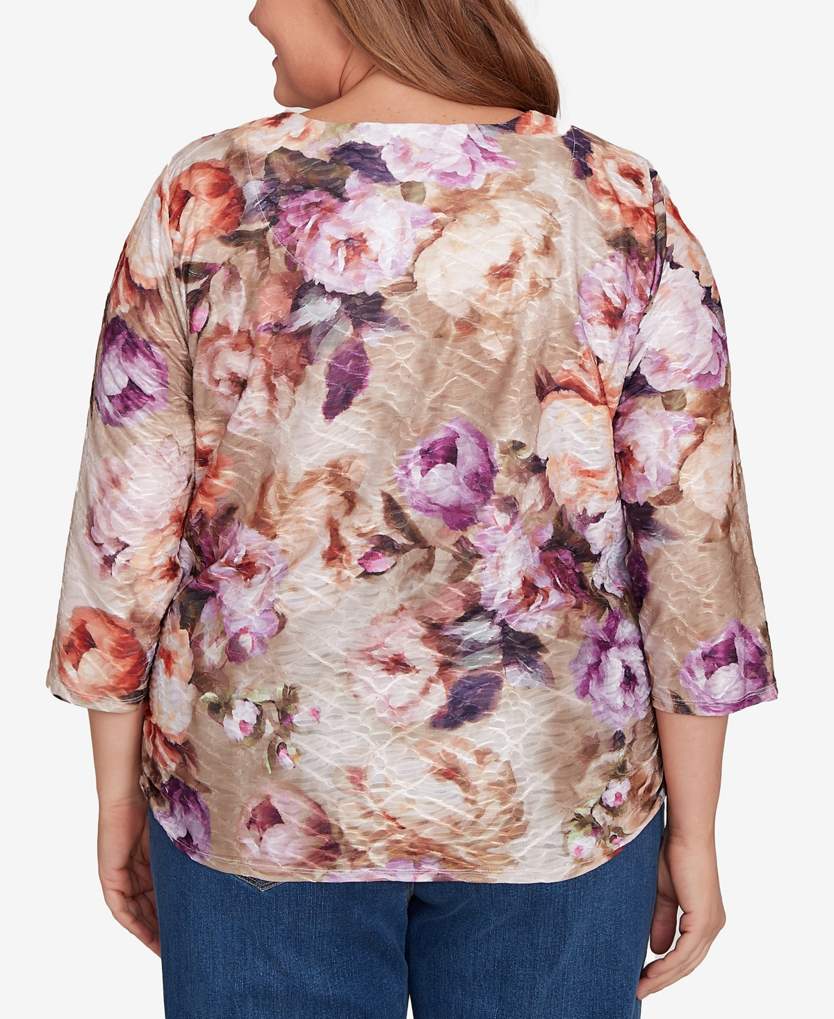Alfred Dunner Plus Size Classic Textured Floral Ruched Sides Crew Neck Top In Multi