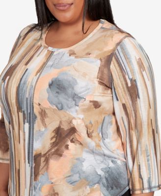 Plus Size Classic Spliced Floral Stripe Crew Neck Top