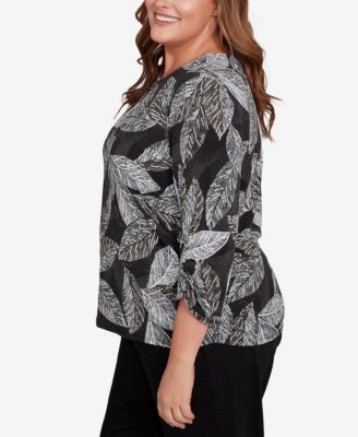 Plus Size Classic Puff Print Leaf Keyhole Neck Top