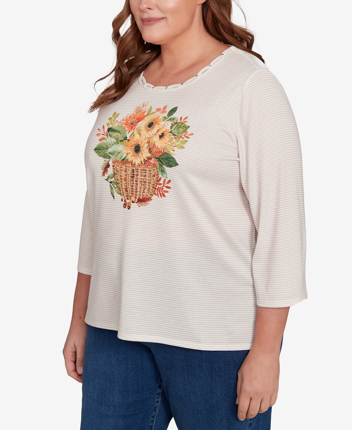 Alfred Dunner Plus Size Classic Harvest Basket Crew Neck Top In Multi