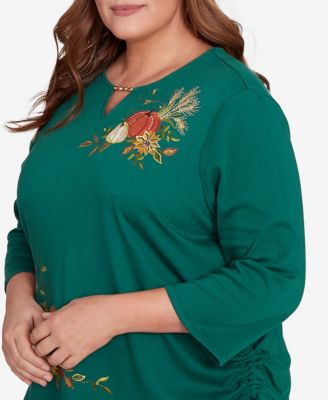 Plus Size Classic Asymmetric Pumpkin Split Beaded Keyhole Neck Top