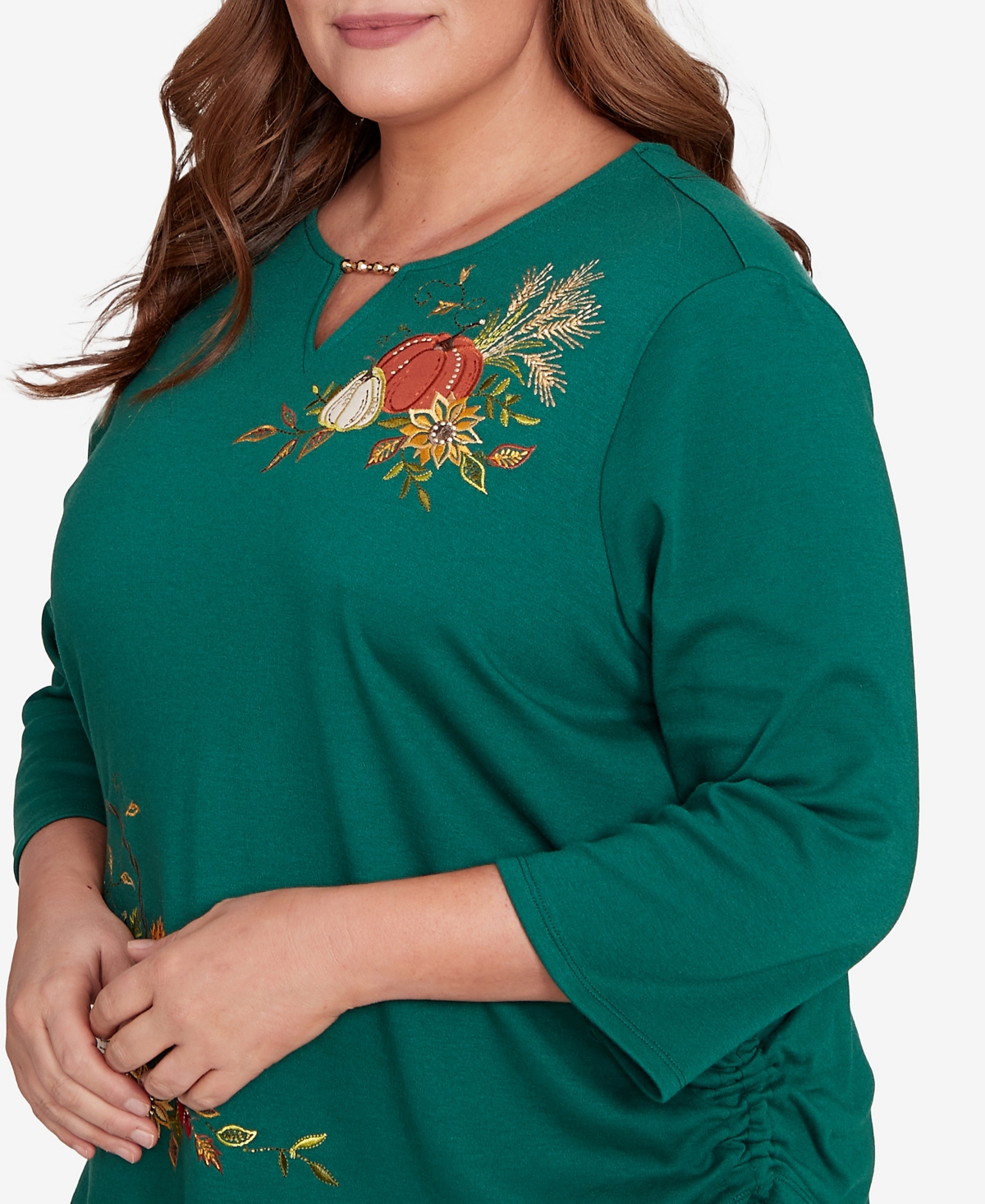 Alfred Dunner Plus Size Classic Asymmetric Pumpkin Split Beaded Keyhole Neck Top In Green