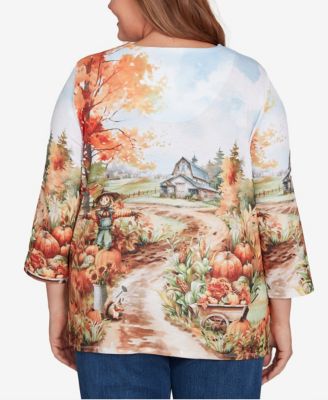 Plus Size Classic Farm Landscape Harvest Keyhole Neck Top