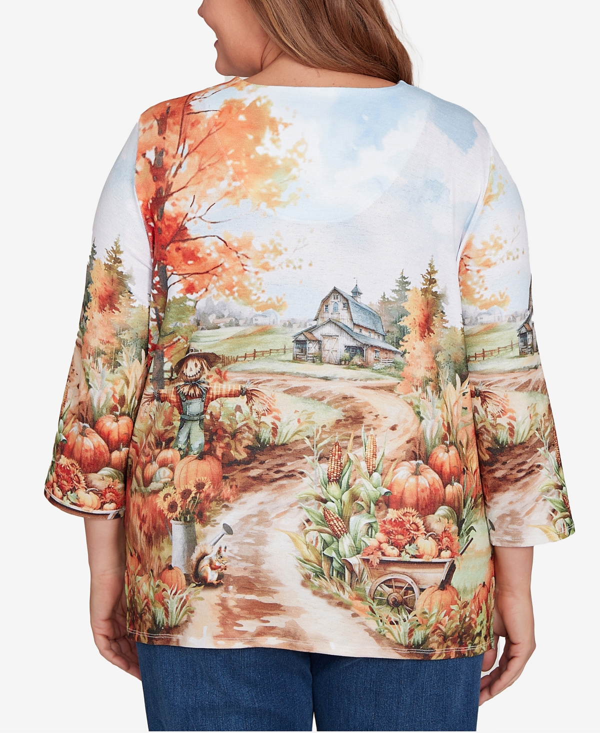 Alfred Dunner Plus Size Classic Farm Landscape Harvest Keyhole Neck Top In Multi