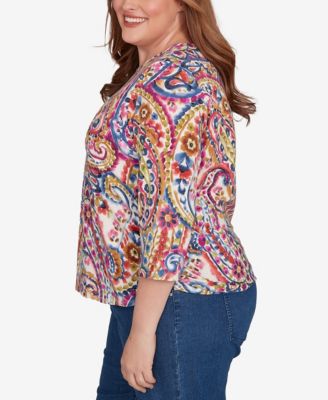 Plus Size Paisley Three Quarter Sleeve Top