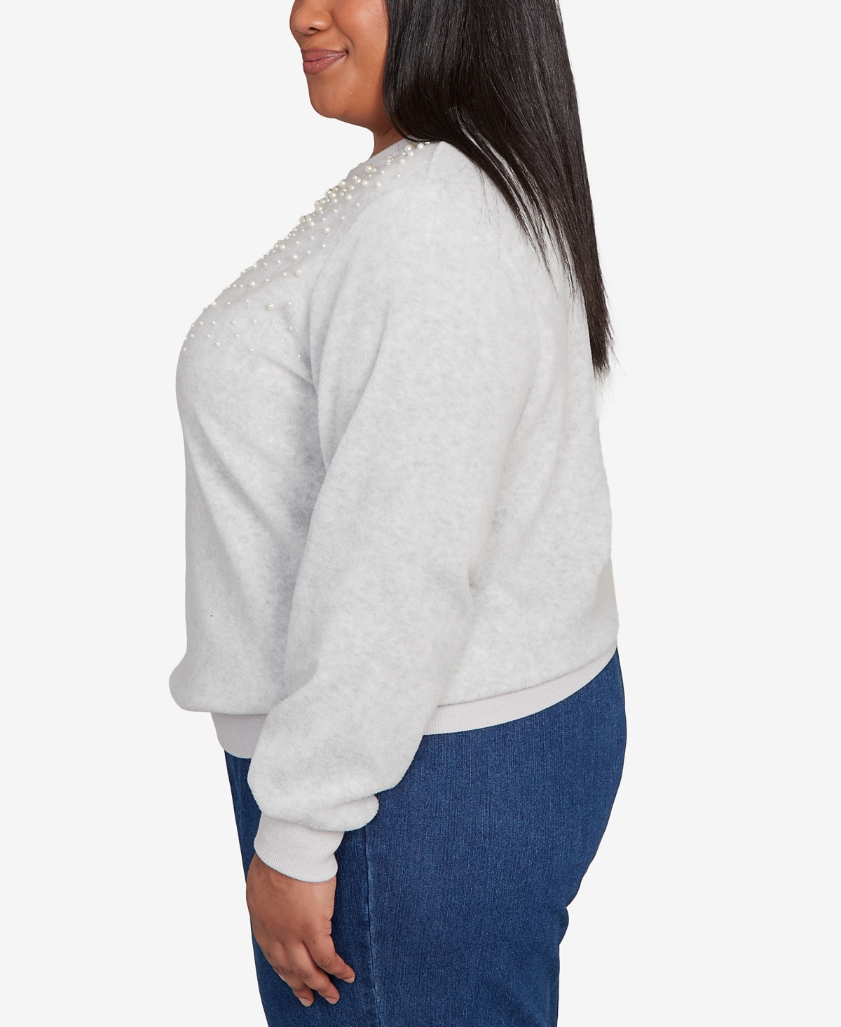 Alfred Dunner Plus Size Classic Embellished Neckline Anti-pill Sweater In Gray