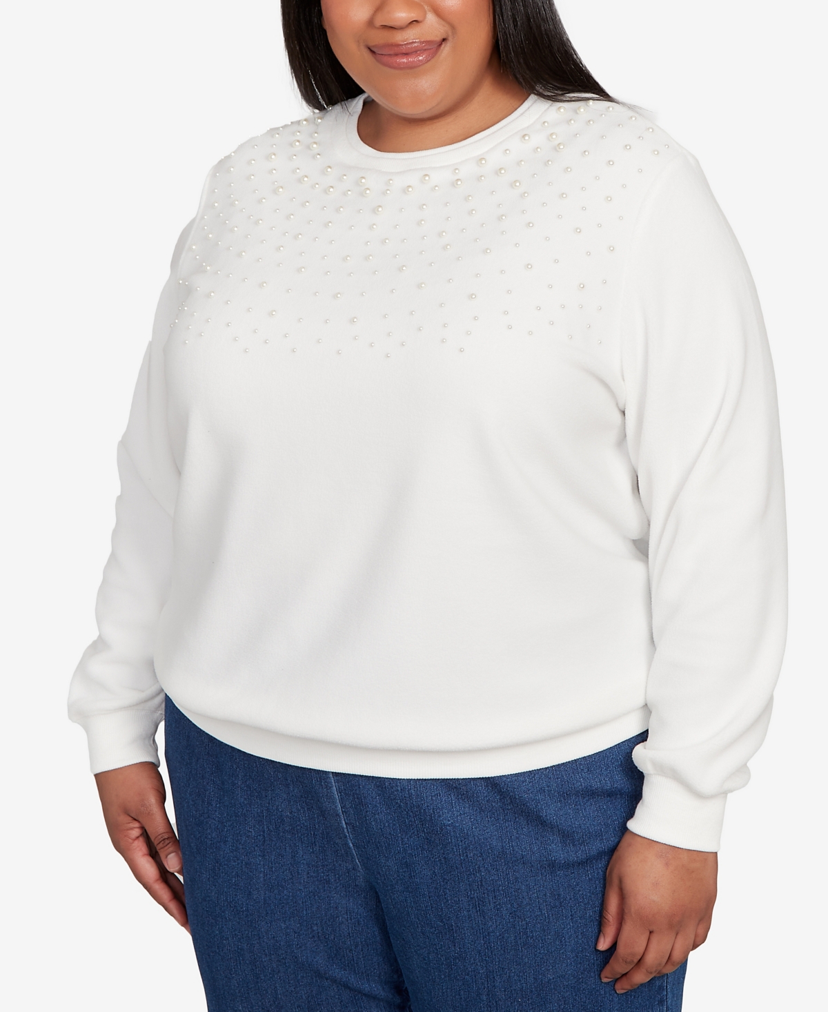 Alfred Dunner Plus Size Classic Embellished Neckline Anti-pill Sweater In White