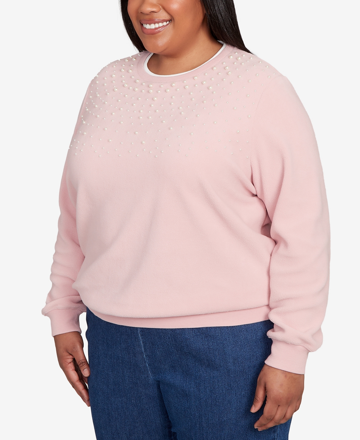 Alfred Dunner Plus Size Classic Embellished Neckline Anti-pill Sweater In Pink