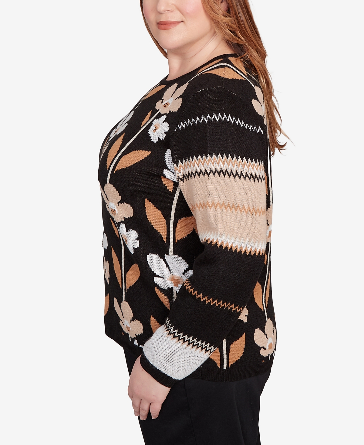 Alfred Dunner Plus Size Classic Vertical Flower Zig Zag Sweater In Black