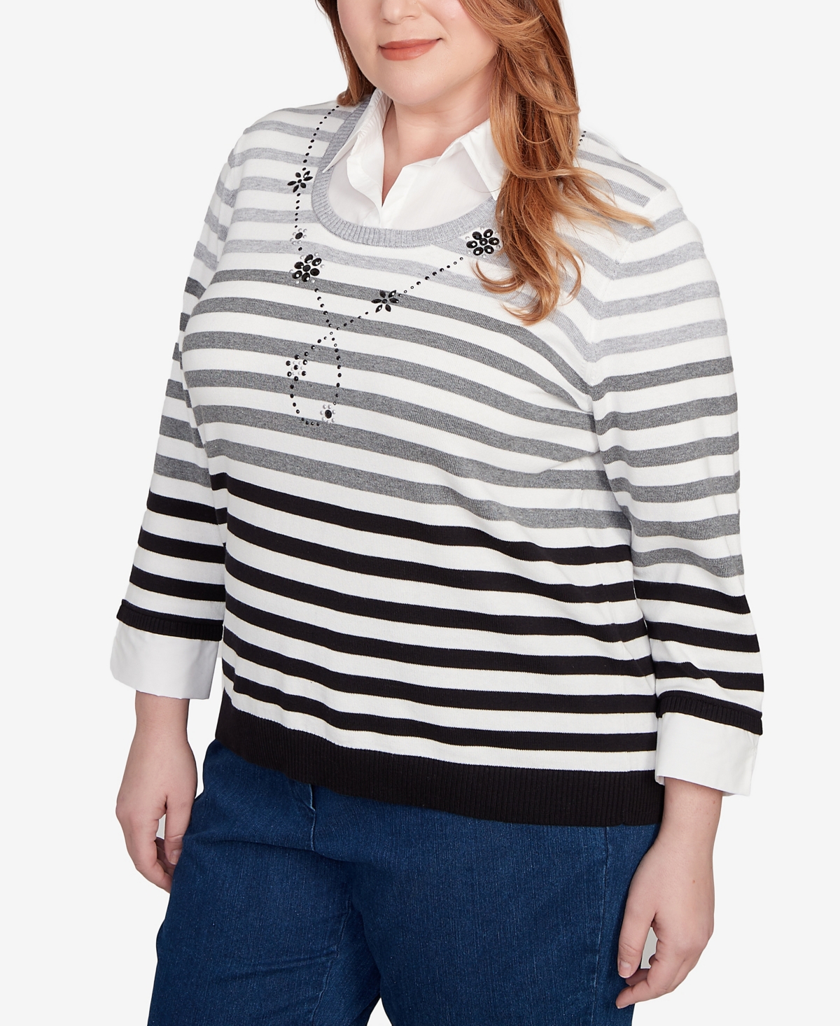 Alfred Dunner Plus Size Classic Ombre Stripe Two In One Sweater In Black
