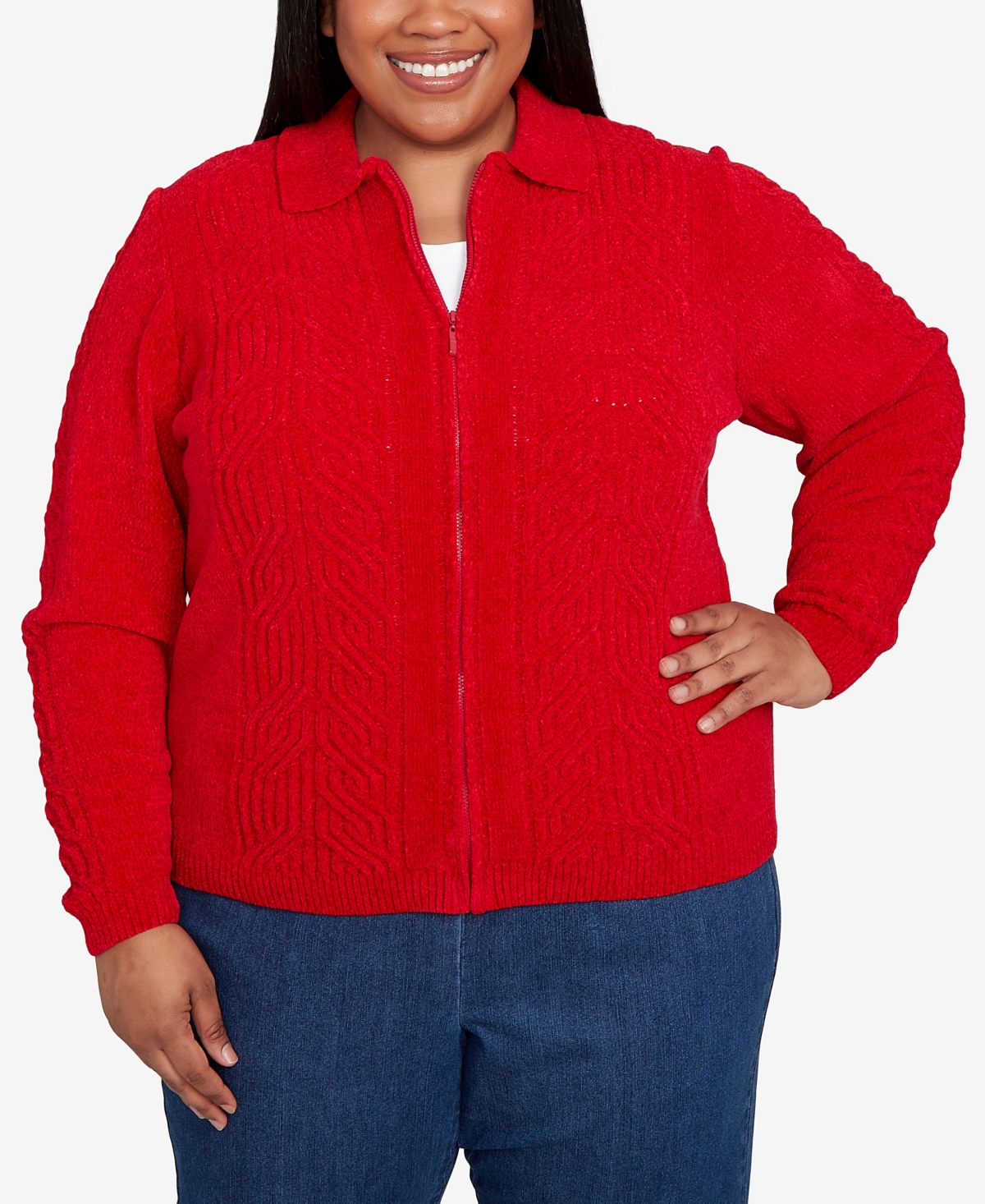 Alfred Dunner Plus Size Classic Zip-front Chenille Collared Cardigan Sweater In Red