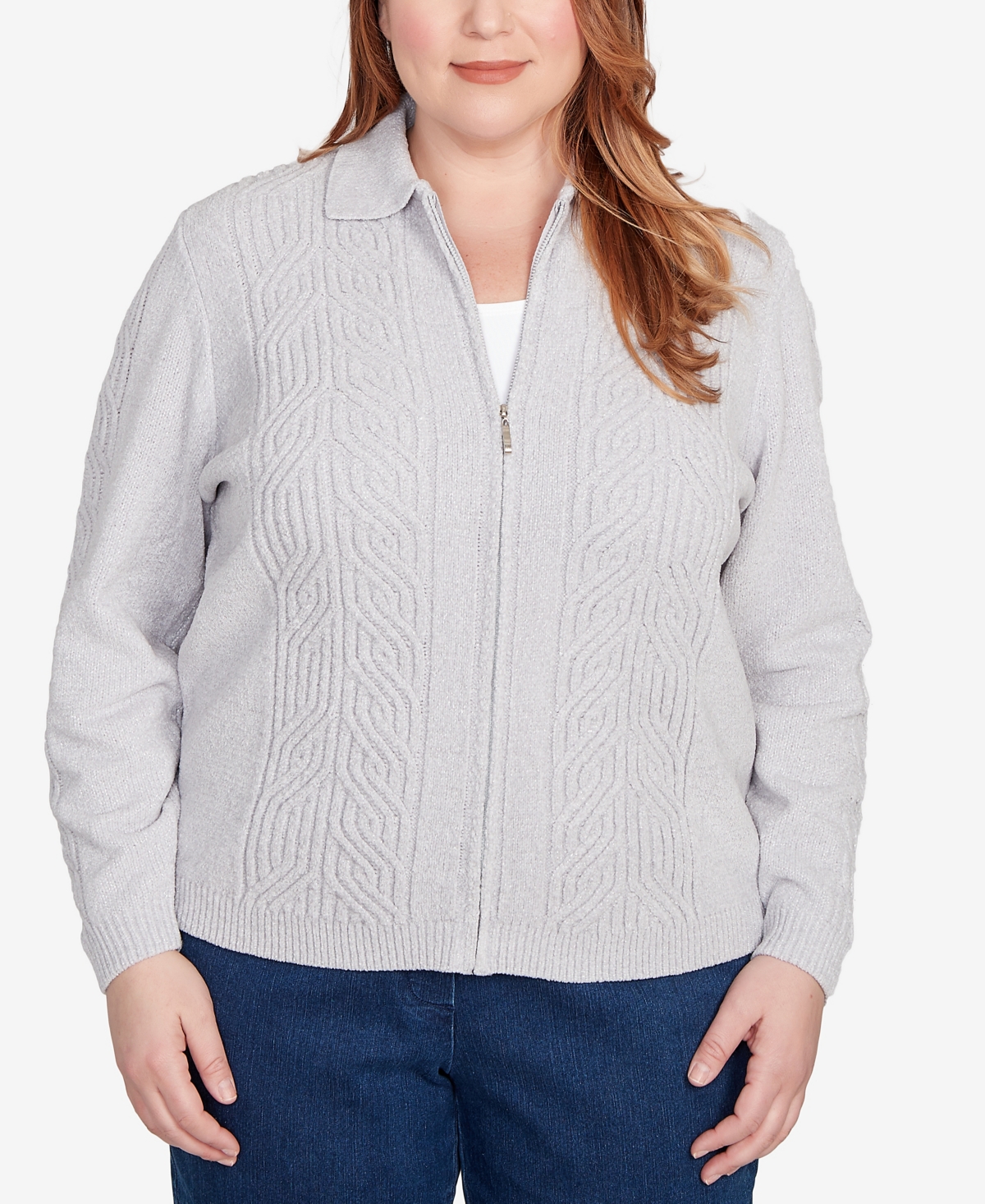 Alfred Dunner Plus Size Classic Zip-front Chenille Collared Cardigan Sweater In Gray