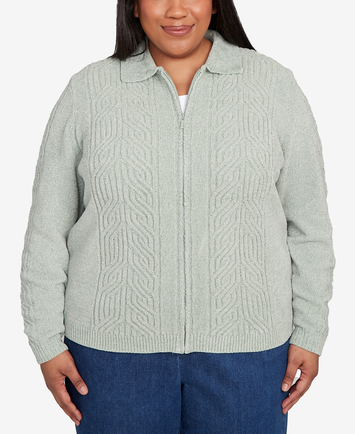Alfred Dunner Plus Size Classic Zip-front Chenille Collared Cardigan Sweater In Green