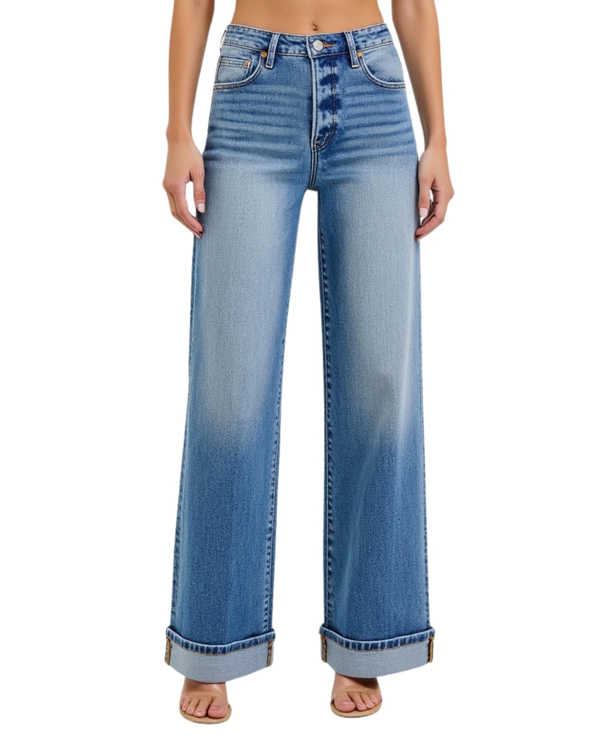 Women's Wide-Leg Button-Fly Cuffed Patch Pocket Jeans - Blue