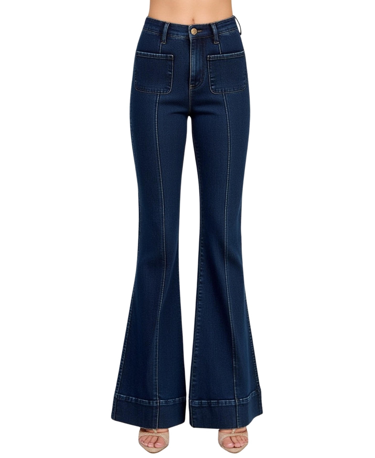 Women's High Waist Flare Cuffed Hem Patch Pocket Jeans - Dark blue