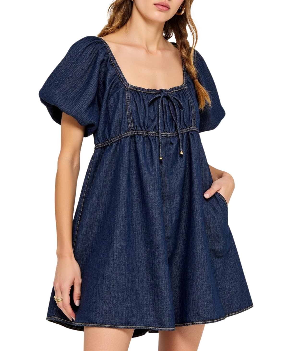 Women's Puff Sleeve Tie-Front Romper - Dark blue