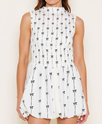 Women's Sleeveless Smocked High Neck Embroidered Mini Dress