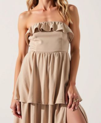 Women's Strapless Tiered Ruffle High Slit Maxi Dress