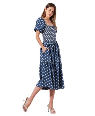 Women's Smocked Puff-Sleeve Tiered Midi Dress with Pockets