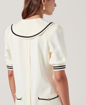 Women's Pleated Contrast Collar Bow Tie Mini Dress