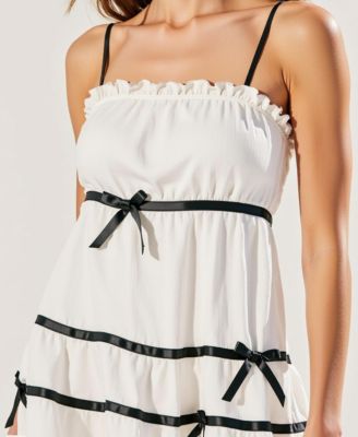Women's Spaghetti Strap Ruffled Trim Bow Accents Mini Dress