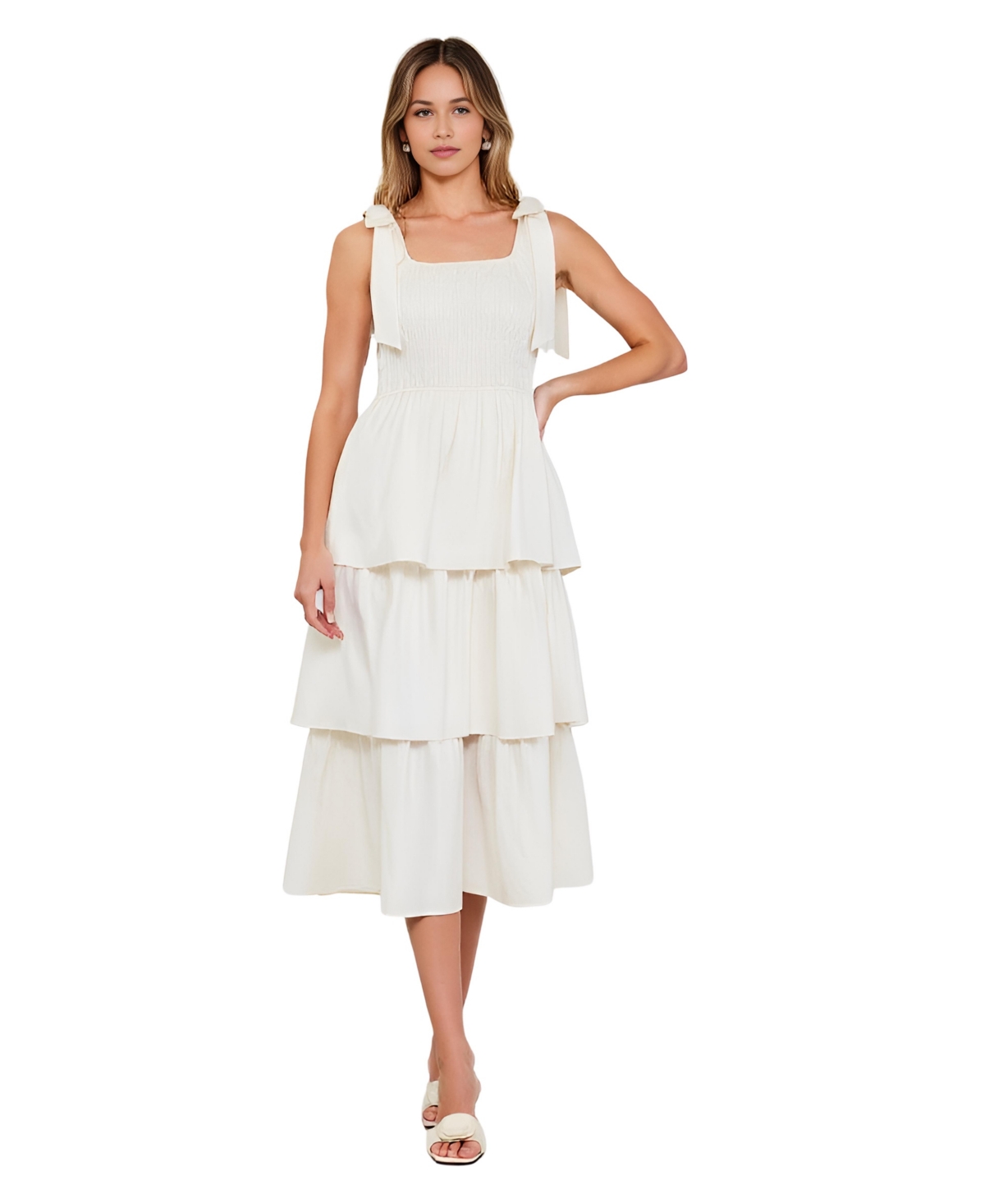 Women's Tiered Smocked Bow-Tie Shoulder Midi Dress - White