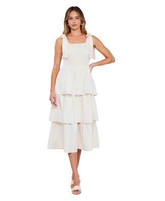 Geometric Embroidered Smocked Tie Shoulder Midi Dress
