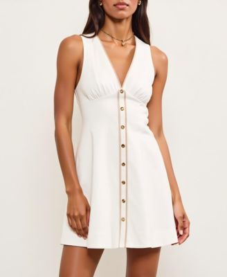 Women's V-Neck Sleeveless Button-Front Contrast Trim Mini Dress