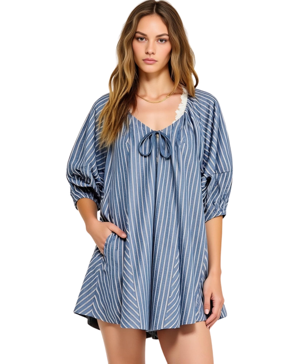Women's Striped V-Neck Front Tie 3/4 Sleeve Romper - Blue