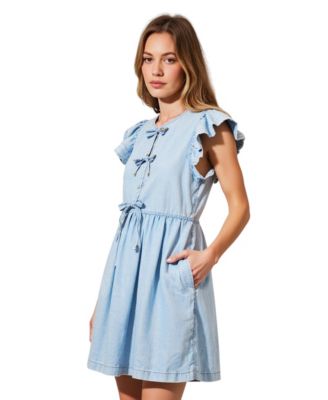 Women's Sleeveless Ruffle Bow-Tie Front Drawstring Mini Dress