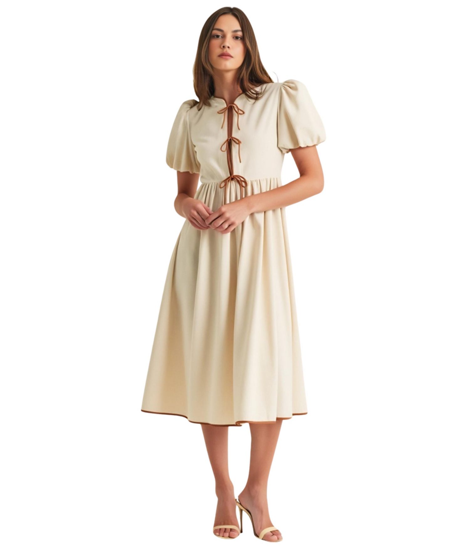 Женское платье Modenaire Puff Sleeve Contrast Tie Midi, цвет: Светлый бежевый — фото 1
