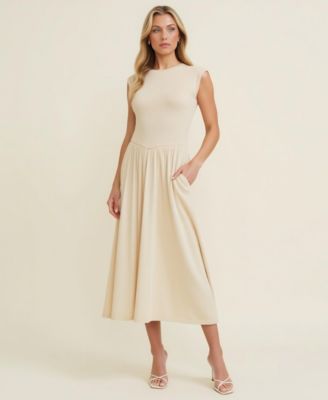 Women's Cap Sleeve Knit Bodice Midi Dress with Pockets