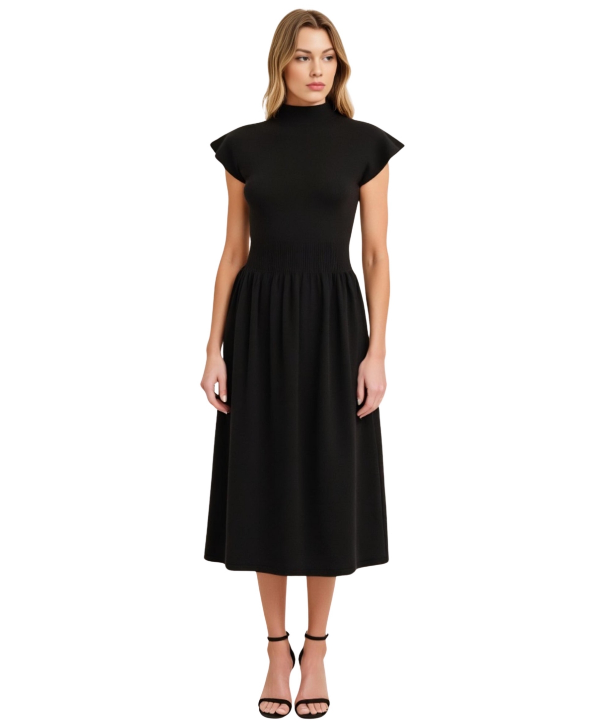 Women's Scallop Edge Mock Neck Sleeveless Knit Midi Dress - Black