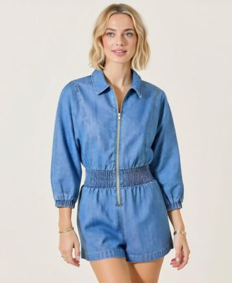 Women's Zip Front Smocked Waist 3/4 Sleeve Romper