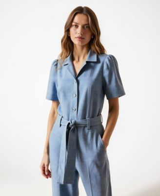 Women's Paisley Print Belted Short Sleeve Button Front Jumpsuit