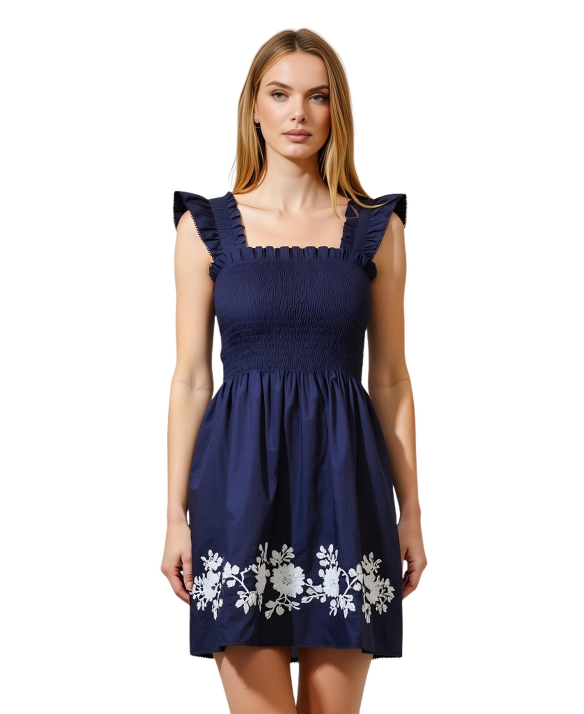 Women's Smocked Ruffle Strap Floral Embroidery Mini Dress - Navy