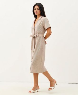 Women's Striped Collared Waist Tie Button-Down Midi Dress