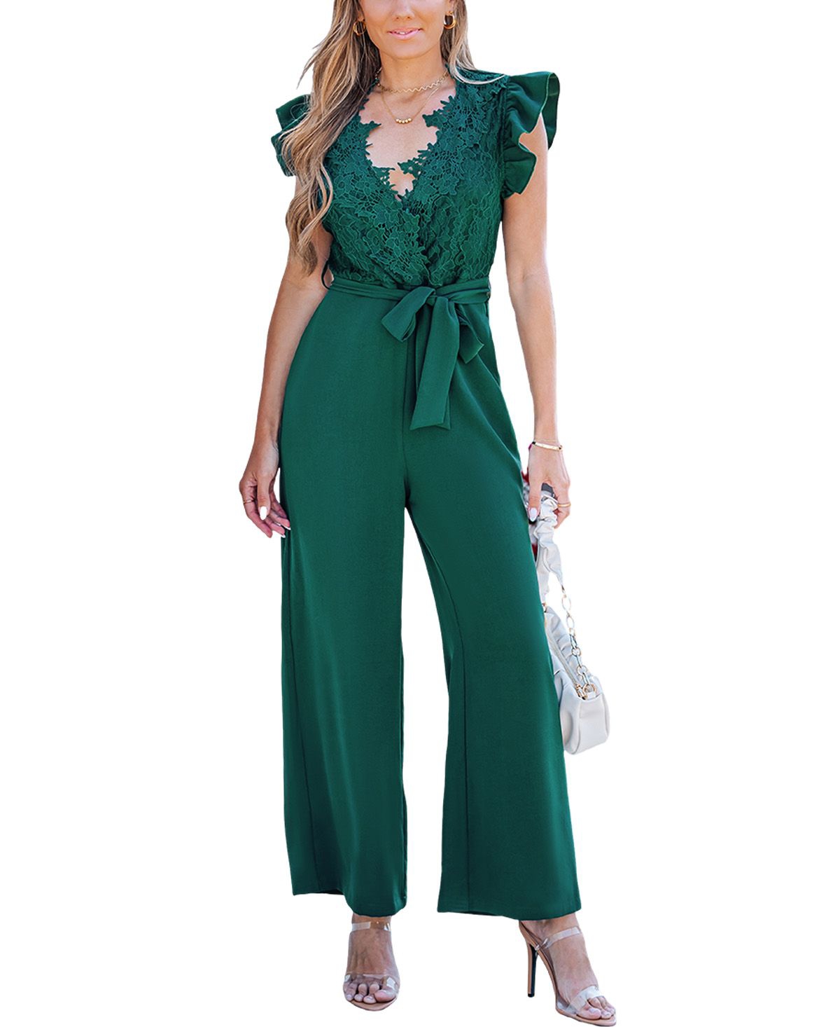 Women's Lace Ruffle Sleeve V-Neck Jumpsuit - Dark green