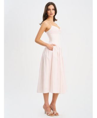 Women's Zania Pink Stripe Ruched Breast Cotton Jacquard Midi Dress