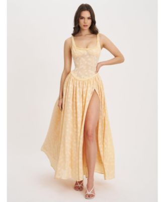 Women's Ulissa Orange Square Neck Jacquard Textured High Slit Maxi Dress