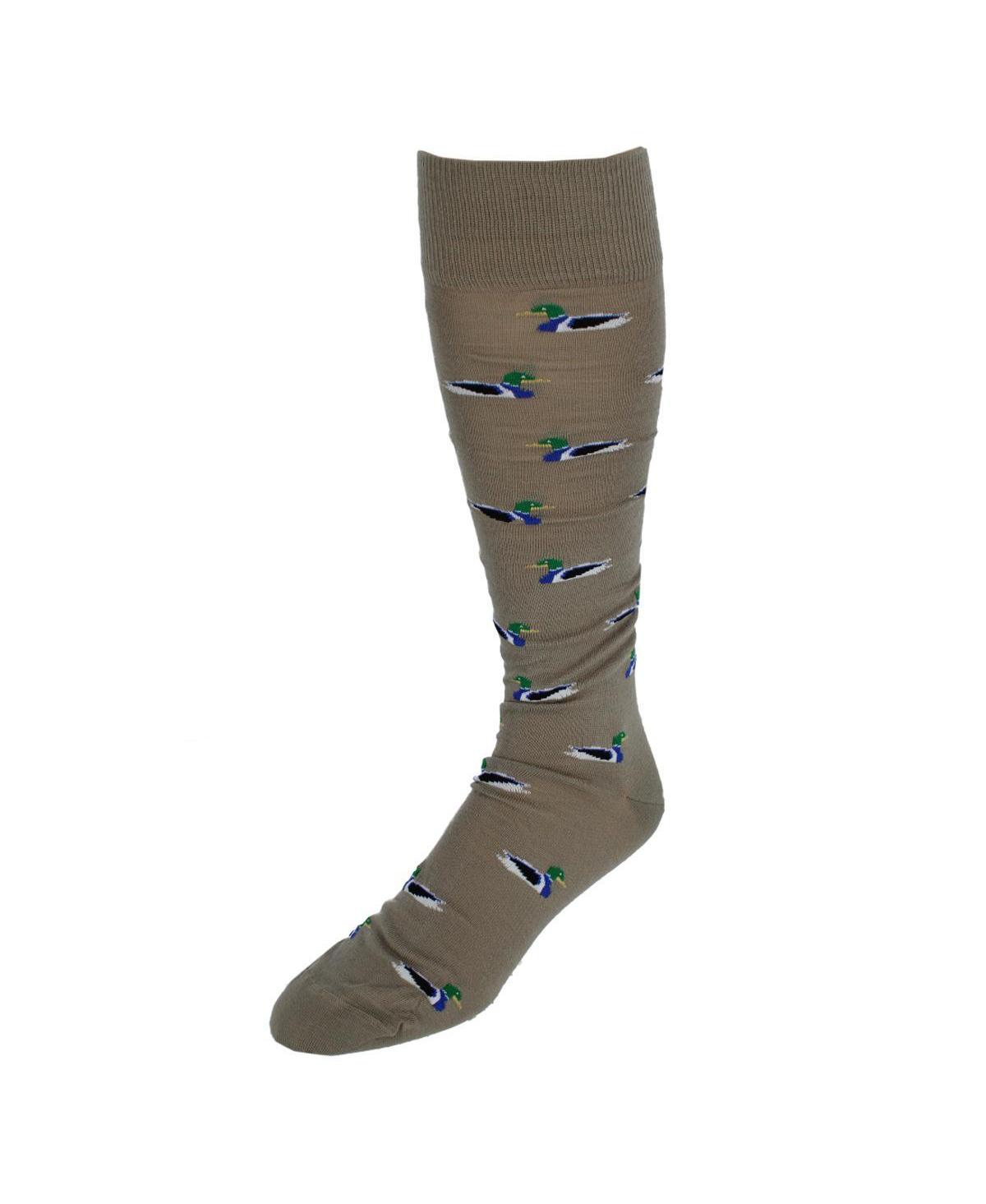 Men's Good Fortune Mallard Duck Novelty Over The Calf Pima Cotton Dress Sock (1 Pair) - Taupe