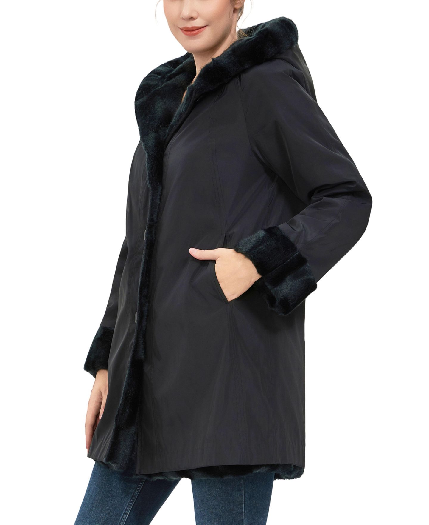 Женское пальто BGSD Brielle Hooded Reversible Faux Mink Fur, цвет: Чёрный — фото 5