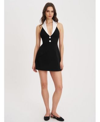Women Ignacia Office Casual Black and White Halter Mini A-line Dress