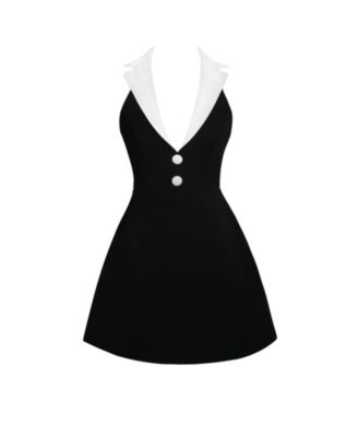 Women Ignacia Office Casual Black and White Halter Mini A-line Dress