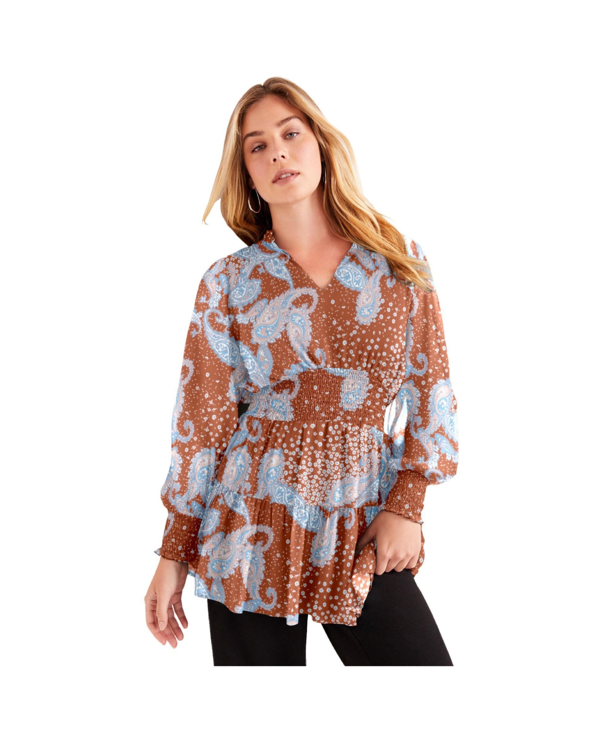 Women's Plus Size Smocked Georgette Tunic - Fall paisley copper