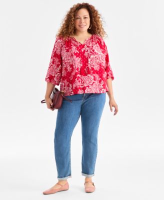 Plus Size V-Neck Printed  Bubble-Sleeve Blouse, Macy's Exclusive 
