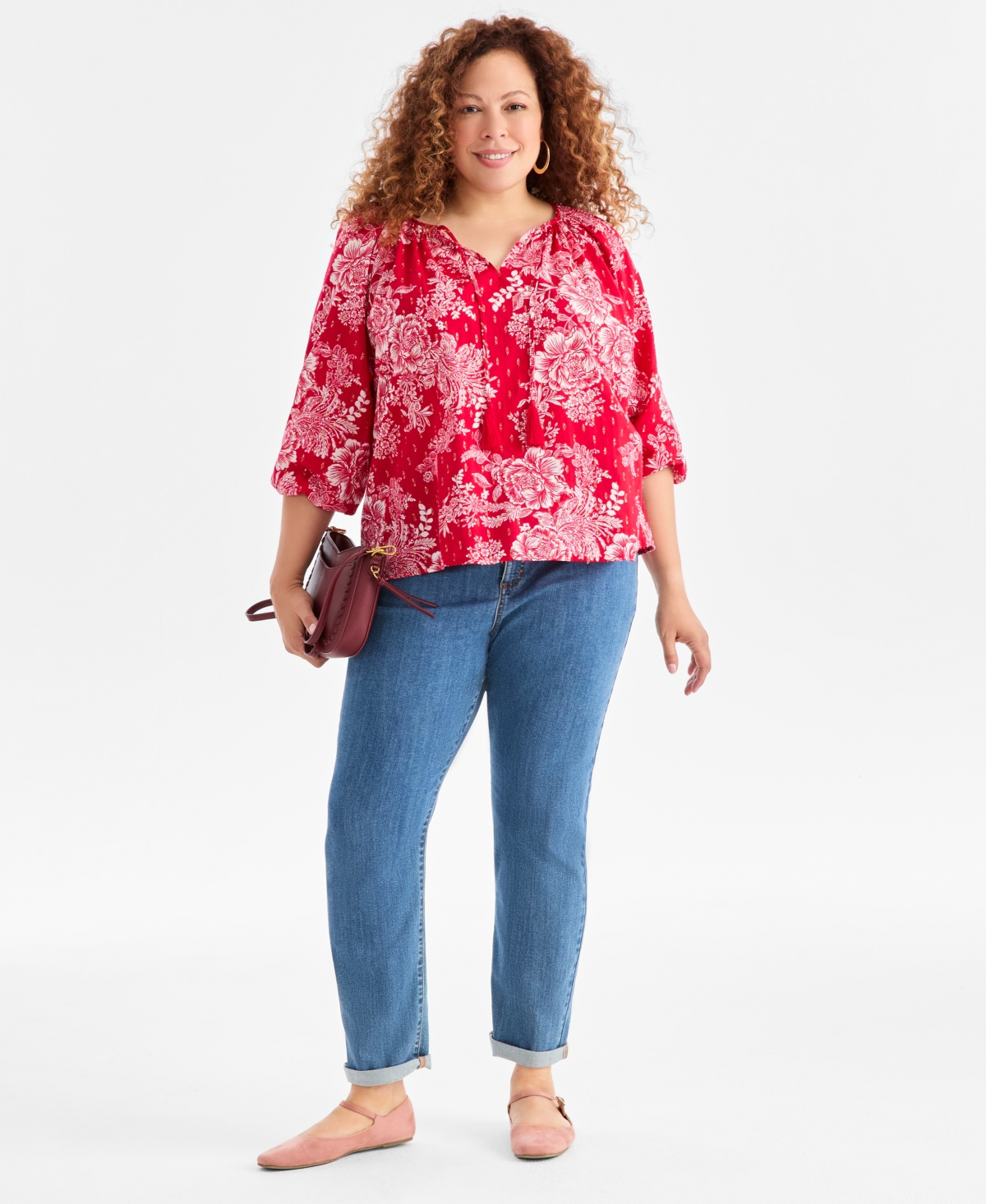Style & Co Plus V-Neck Printed Bubble-Sleeve Blouse, Macy's Exclusive