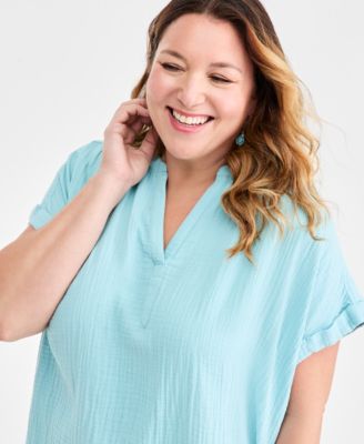 Plus Size Cotton V-Neck Dolman-Sleeve Top, Macy's Exclusive