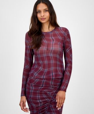 Bar III - Women's Plaid Mesh Long-Sleeve Top
